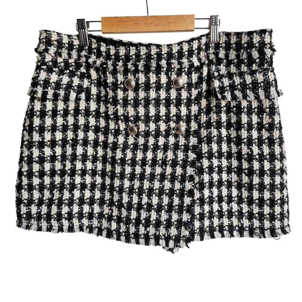 House of Harlow Houndstooth Tweed Boucle Skort Skirt Gold Buttons Wool Blend XL - Picture 2 of 12